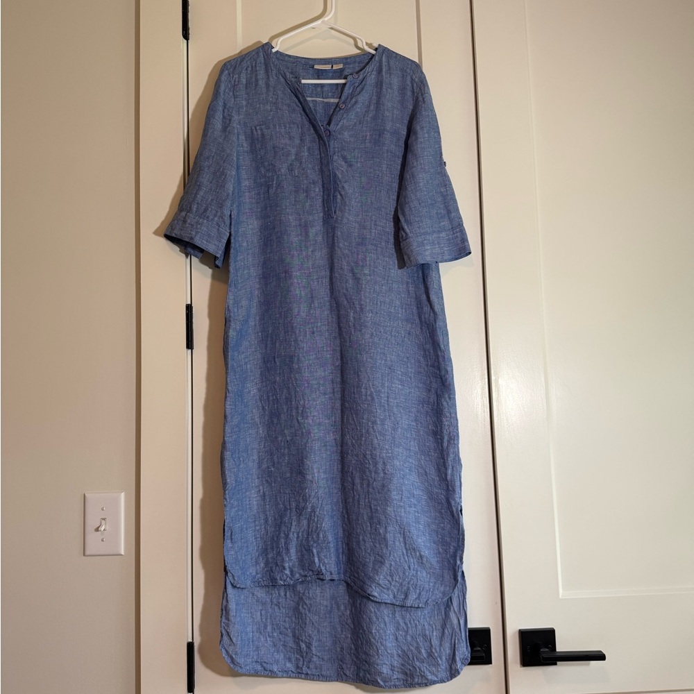 Chico's Blue Linen Sheath Dress V-Neck Raglan Short Sleeve